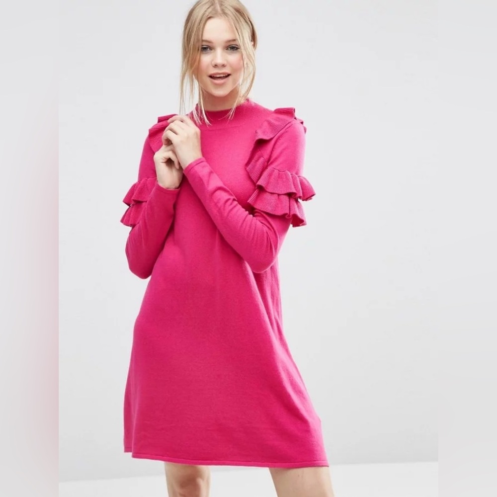 ASOS Fuchsia Long Sleeve Sweater Dress with Ruffle Shoulder Detail